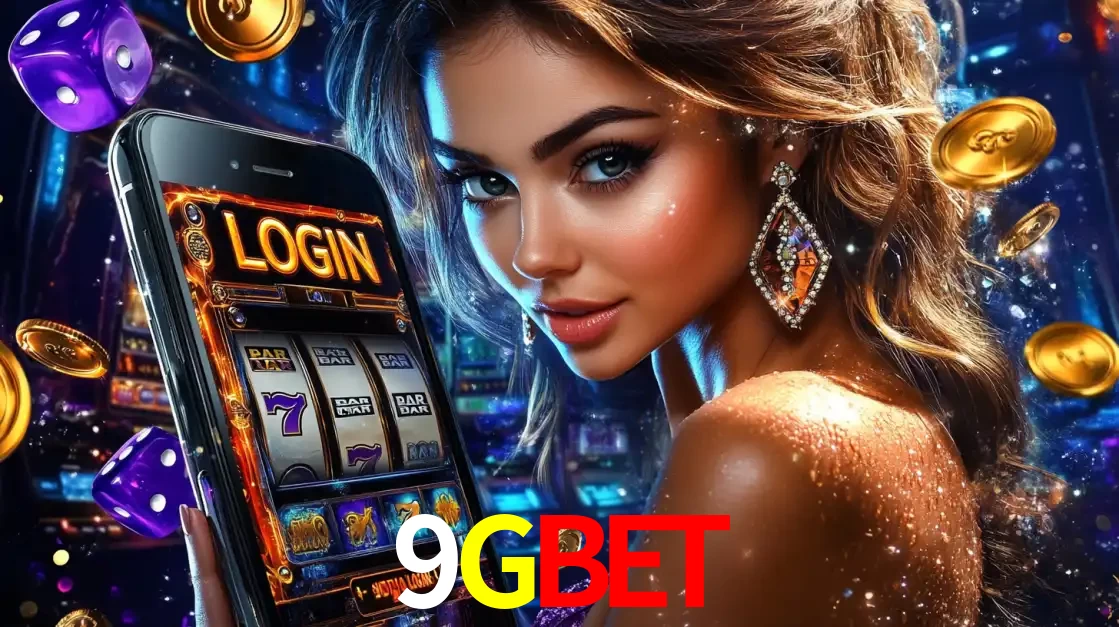 Mulher glamorosa segurando um smartphone com a tela de login para os jogos de caça-níqueis do cassino online 9GBET, com moedas de ouro e dados ao redor.