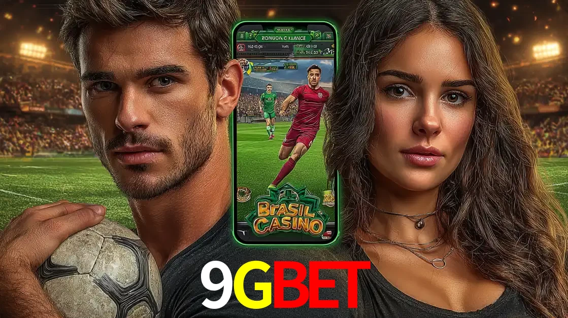 Homem segurando uma bola de futebol e uma mulher ao lado de um smartphone exibindo o jogo de apostas esportivas da 9GBET. Faça seu palpite no cassino online.